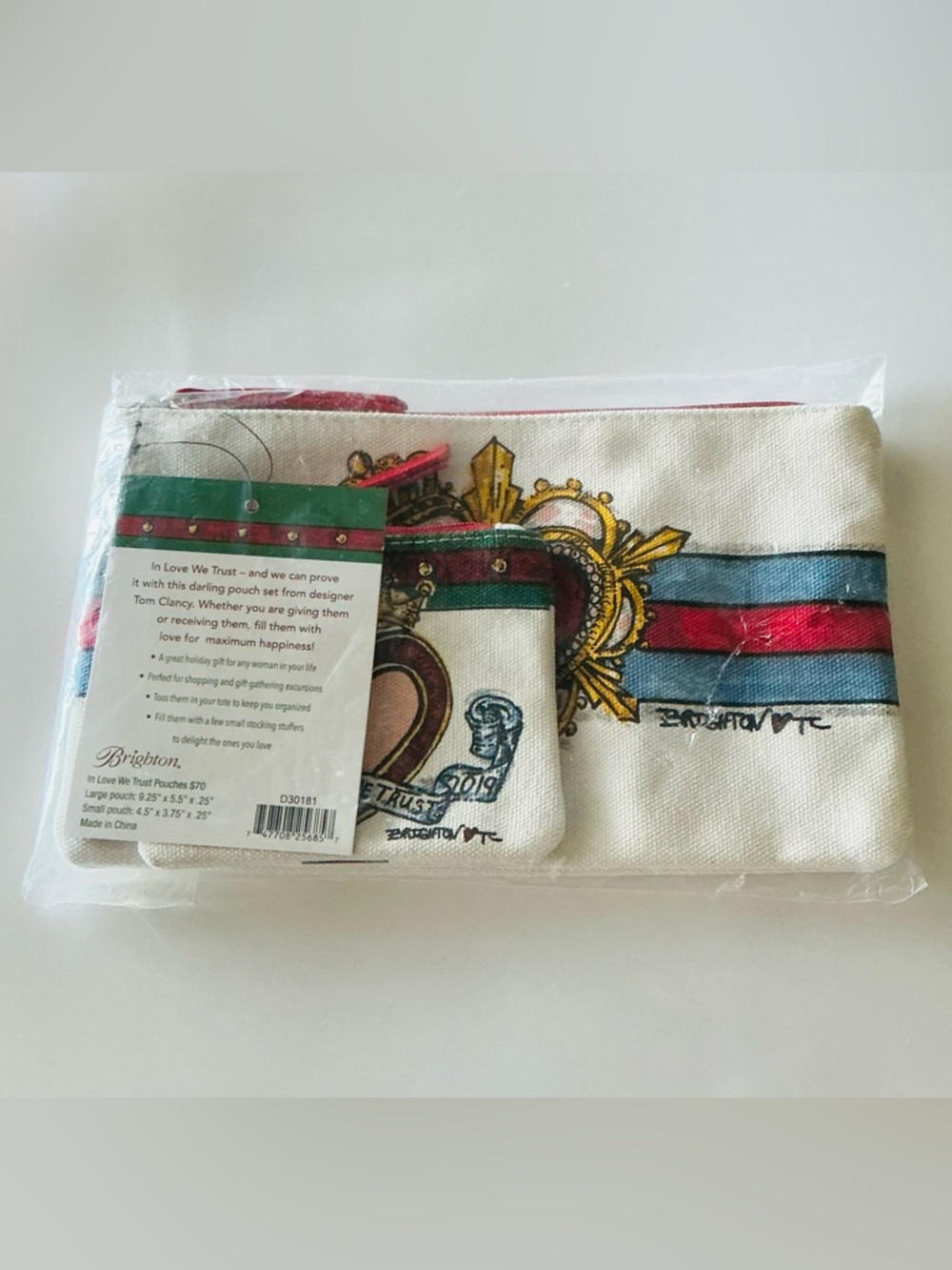 BRIGHTON, IN LOVE WE TRUST, Heart Stripe Zipper Pouch Set of 2 by Tom Clancy NWT - Picture 8 of 9